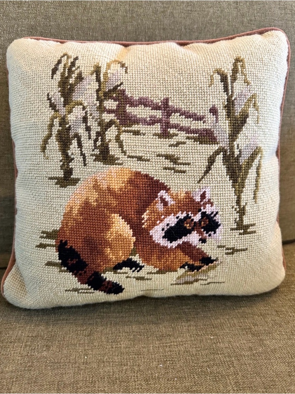 Vintage Needlepoint Raccoon Accent Pillow - Neutral Tones